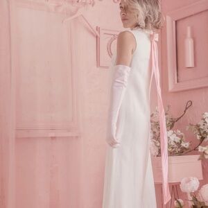 Vintage 60s White Gown Pink Bow Ribbon Back